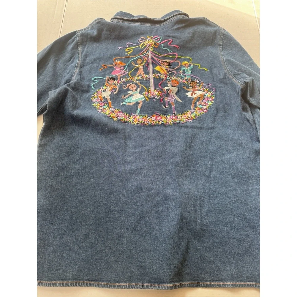 VTG Y2K Bob Mackie Wearable Art Embroidered Maypole Denim Button Down‎ Sz Medium